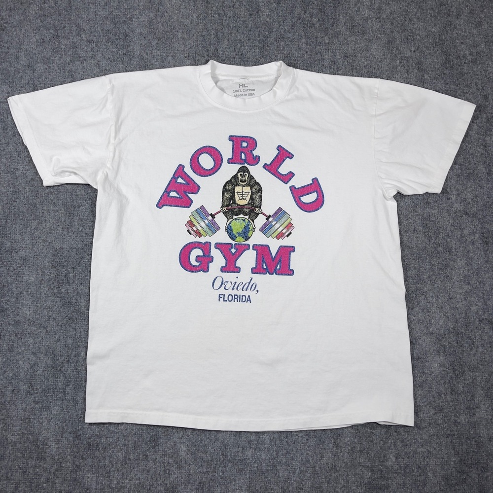 World Gym Reprint T-Shirt Mens XL White Oviedo Florida Gorilla Graphic Tee
